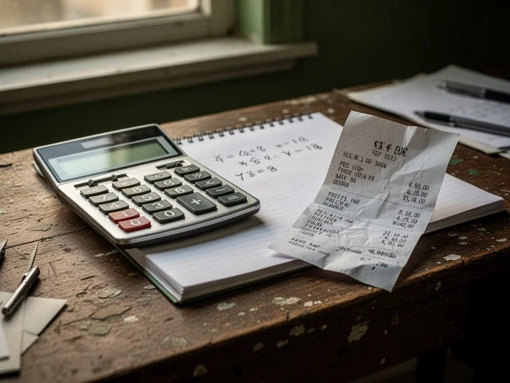 A worn wooden desk with a silver calculator, a spiral notebook open to a math equation, and a crumpled receipt showing a