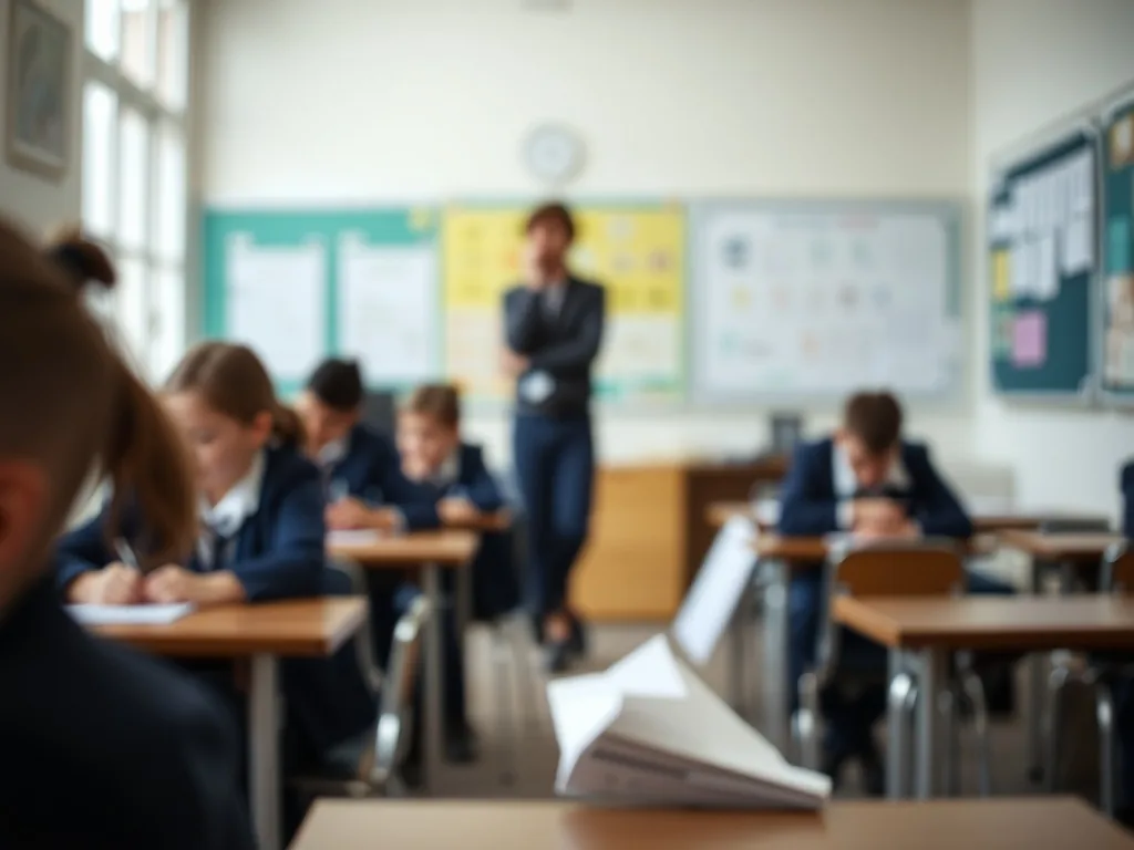Adolescents en petits groupes révisant des mathématiques avec un enseignant dans une salle lumineuse, matériel pédagogique sur la table