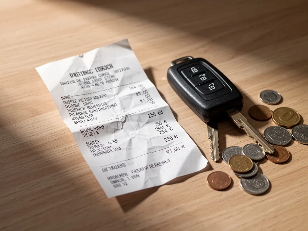 A crumpled receipt showing a price of 250 euros for a driving course, lying on a wooden desk next to a car key, faded in